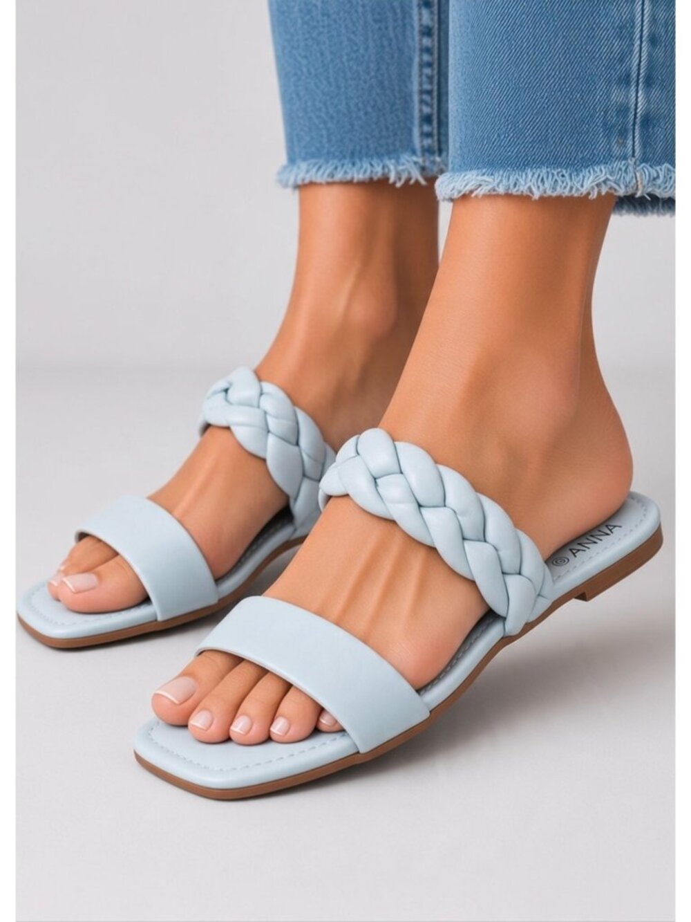 Light Blue Braided Double Strap Square Toe Flat Slide Sandals